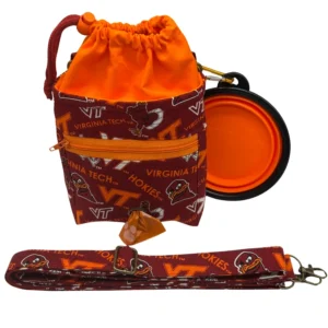 Virginia Tech dog walking set with pouch and bowl.