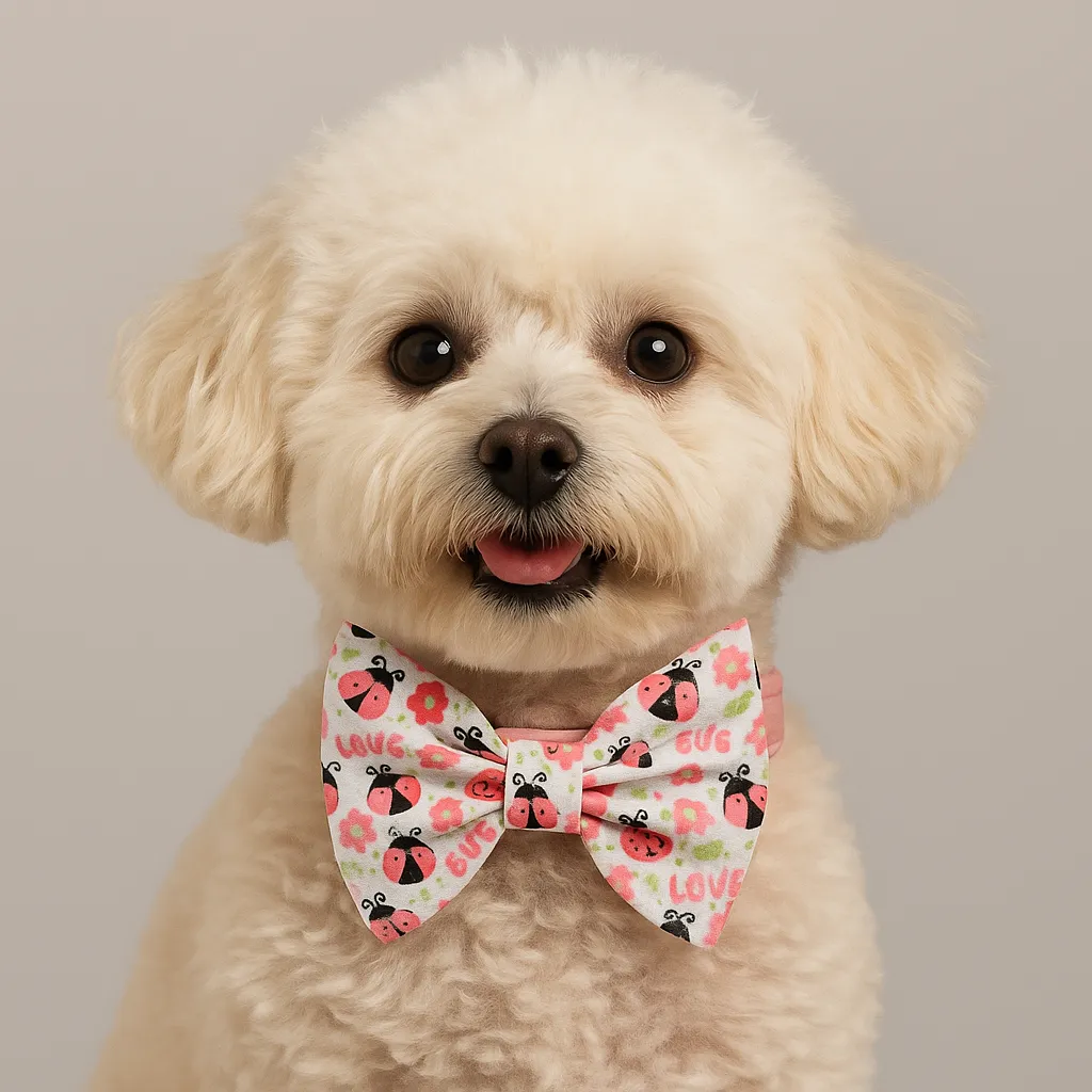 Fluffy dog wearing ladybug print bow tie.