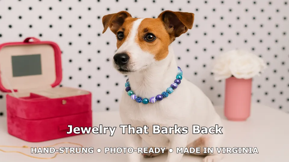 Dog wearing beaded necklace with jewelry box.