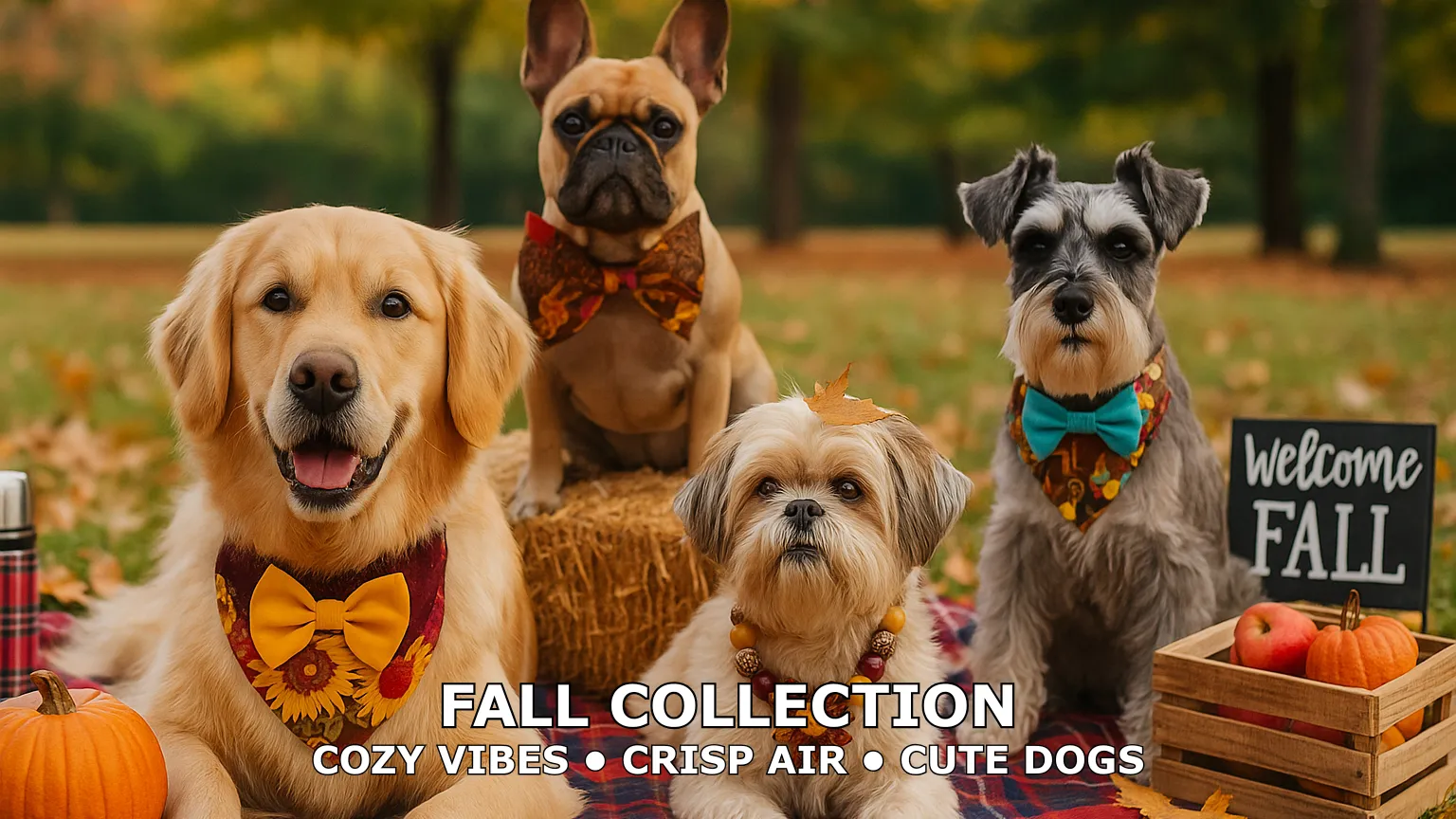 Four dogs in fall attire on a picnic blanket.