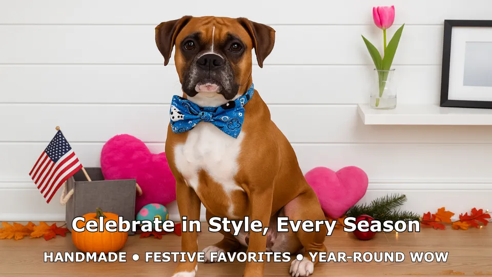 Dog with bow tie, surrounded by seasonal decorations.