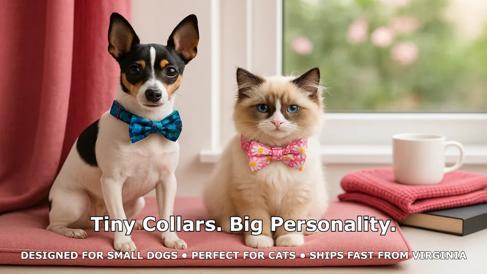 Dog and cat wearing colorful bow ties.