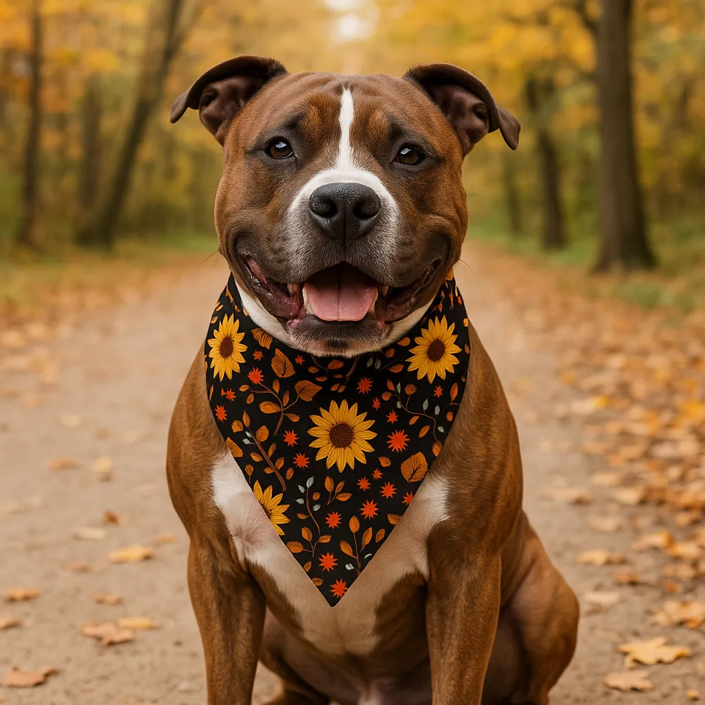 Happy dog wearing sunflower bandana in autumn forest.