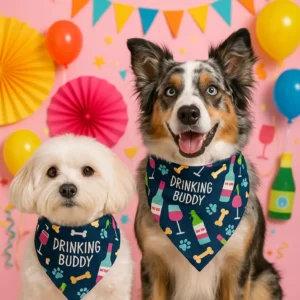 Two dogs in bandanas celebrating with decorations.