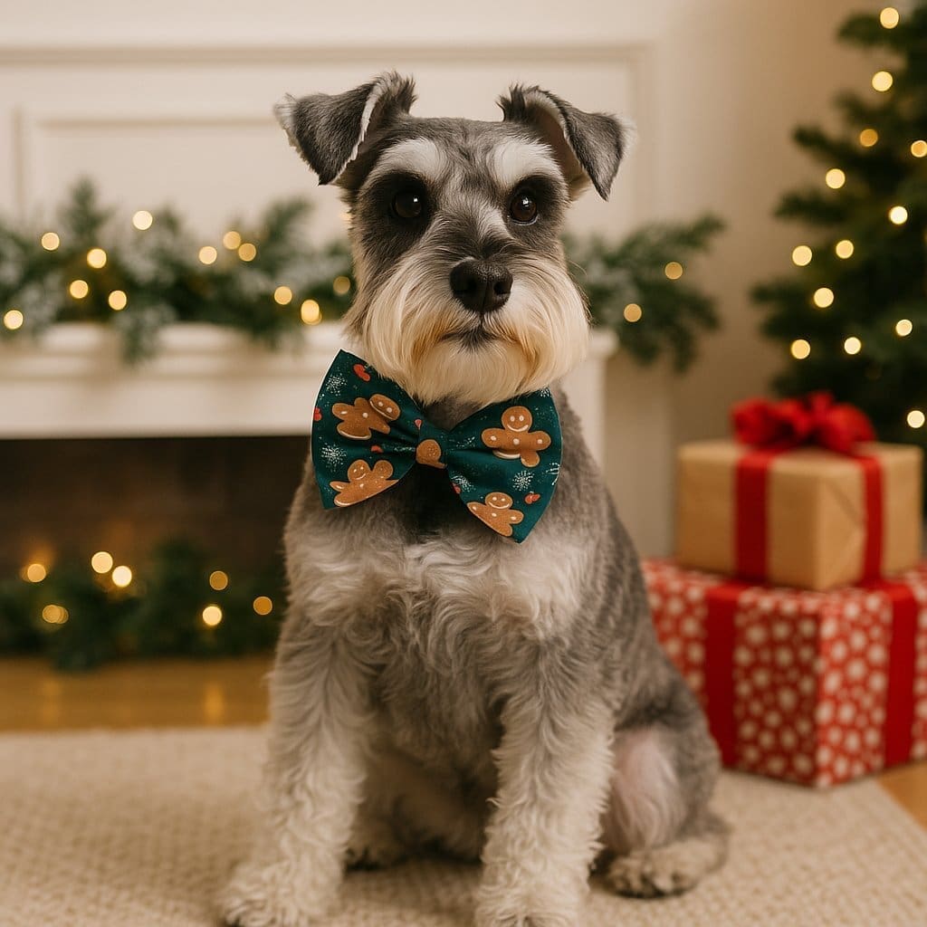 Cute dog in bow tie by Christmas tree