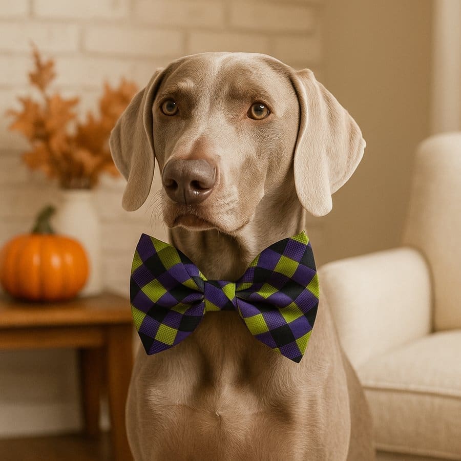 Dog wearing bow tie, autumn decor background