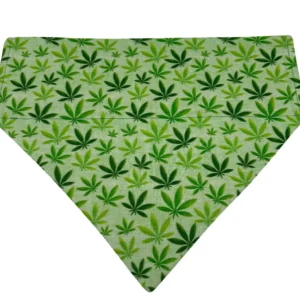 The 420 Cannabis Leaf Over-the-Collar Bandana features a triangular design with various shades of cannabis leaves on a light green background, making it perfect for celebrating 420 in style.