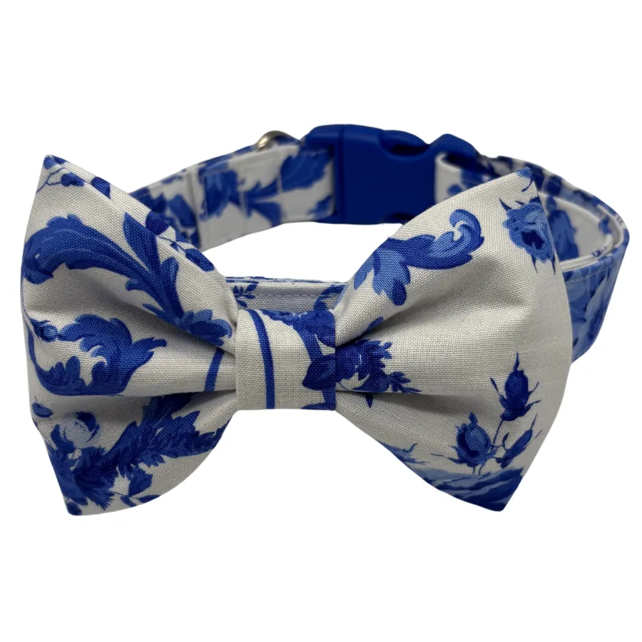 Blue floral dog collar with bow tie