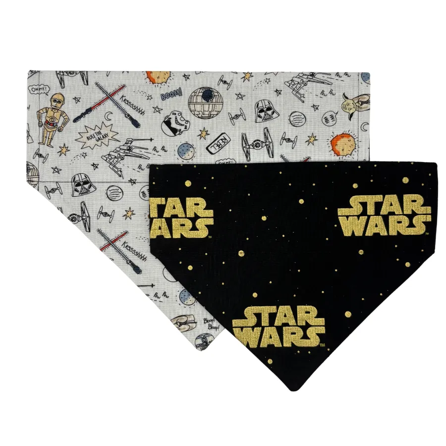 Paw Wars themed dog bandanas, black and white design.