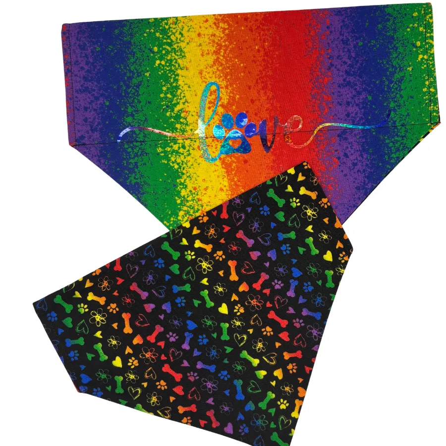 Colorful dog bandanas with rainbow designs.