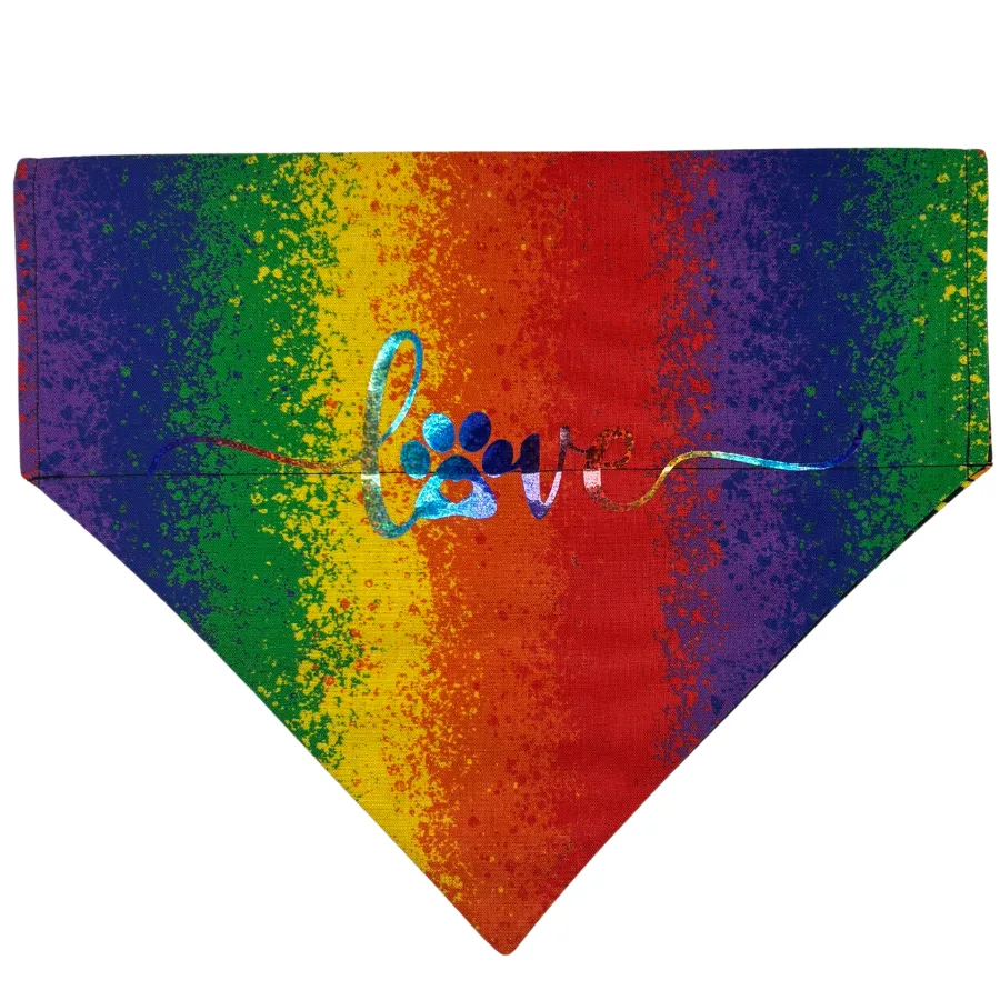 Rainbow bandana with 'love' and paw print design.
