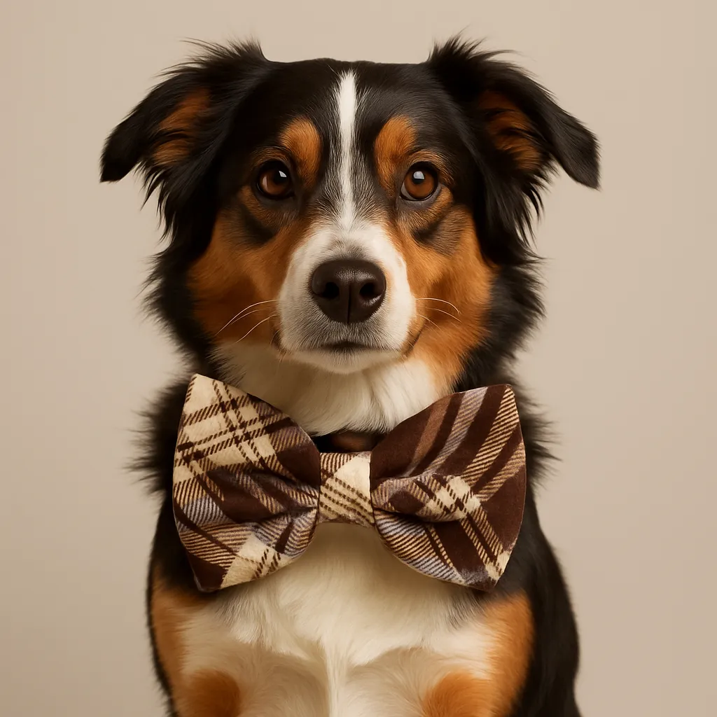 Dog with plaid bow tie.