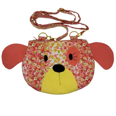 Floral dog-shaped purse with handle straps.