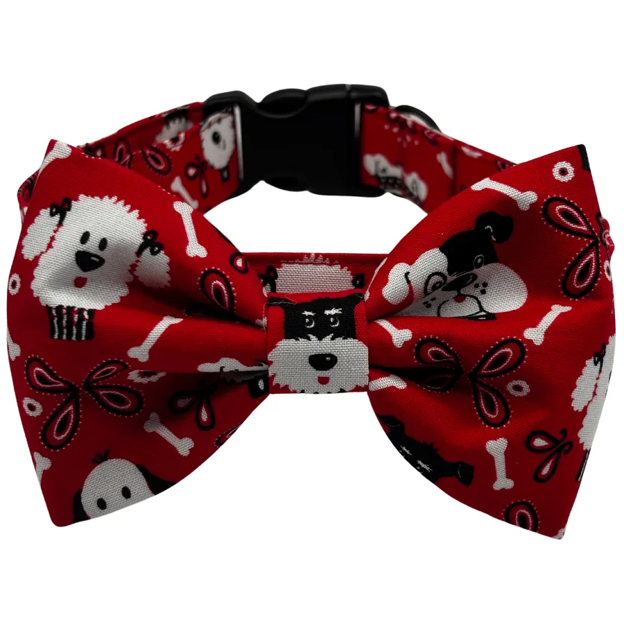 Red dog collar with cartoon animals and bones.