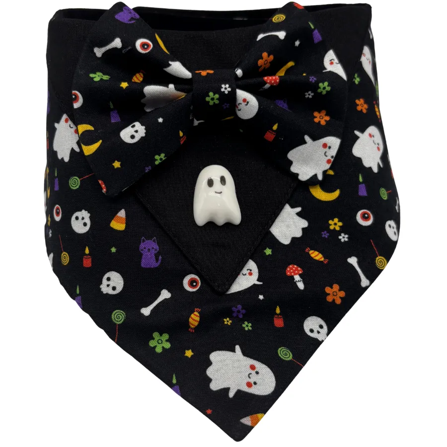 Halloween-themed bandana with ghost and bowtie design.
