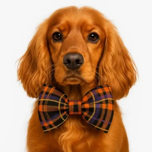 Dog wearing large plaid bow tie