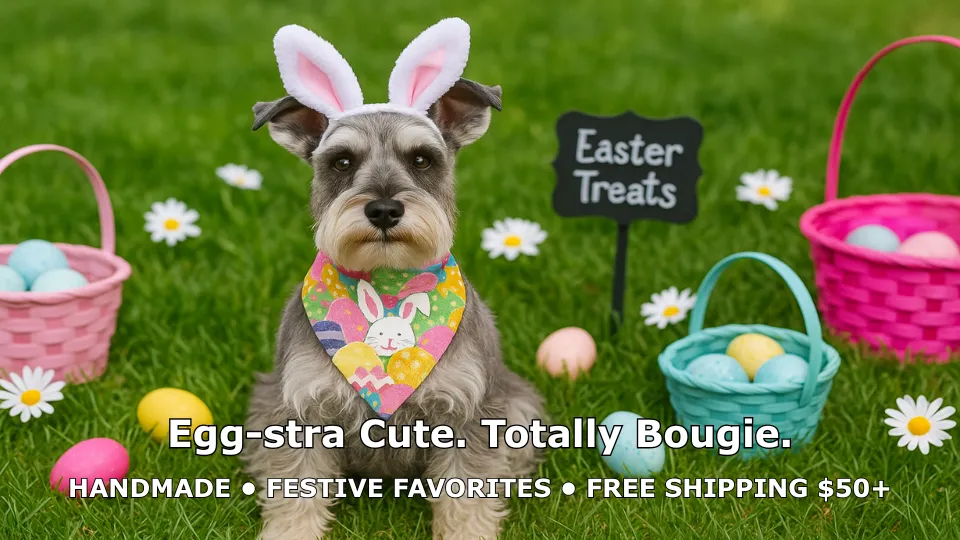 Dog in bunny ears with Easter baskets.