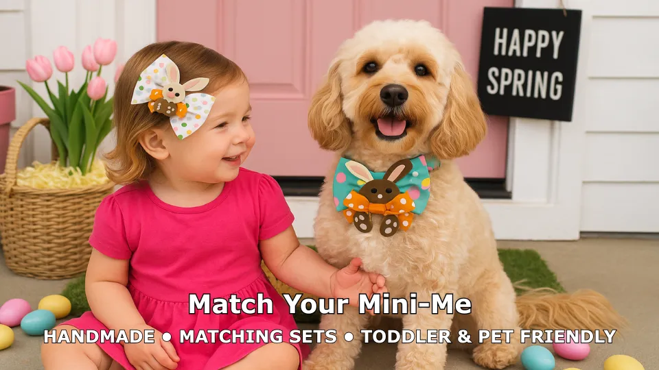 Toddler and dog in matching spring outfits.