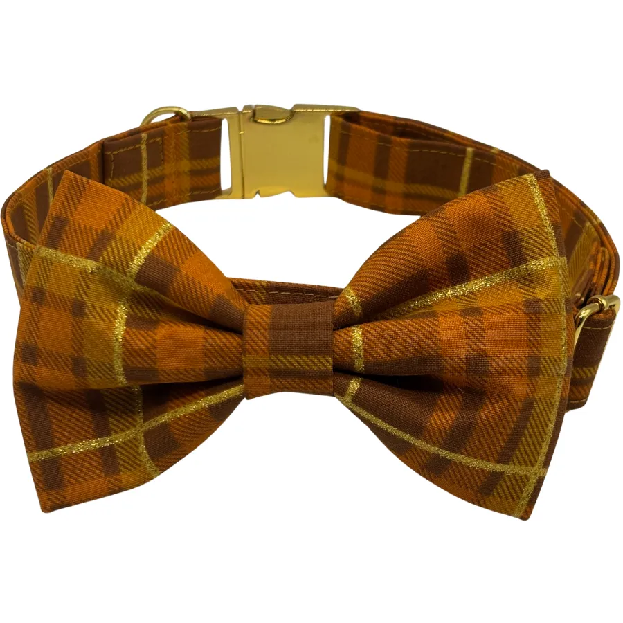 Orange plaid bow tie with gold accents