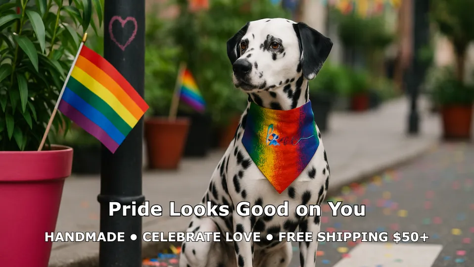 Dalmatian with rainbow bandana and pride flag.