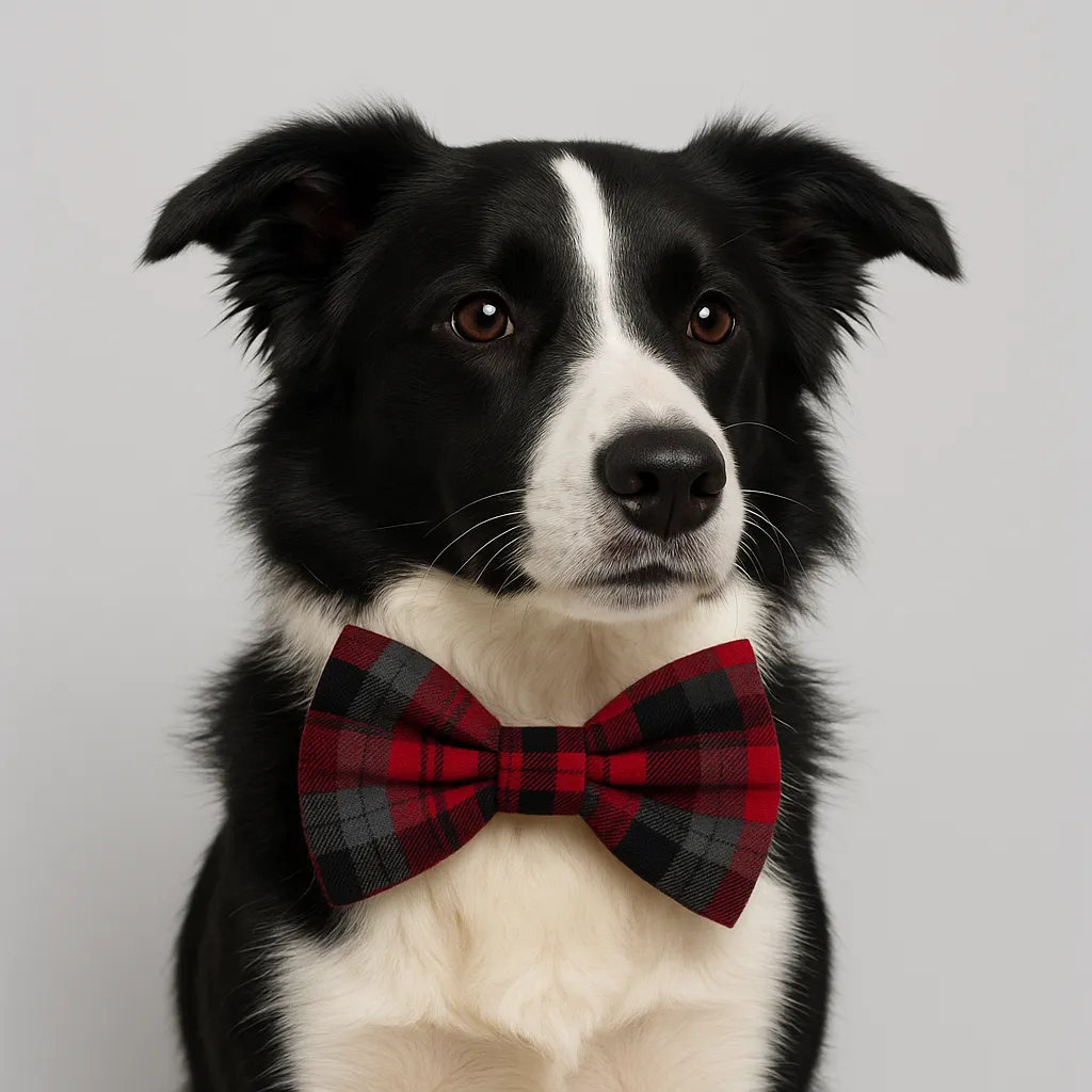 Border collie wearing a red plaid bow tie