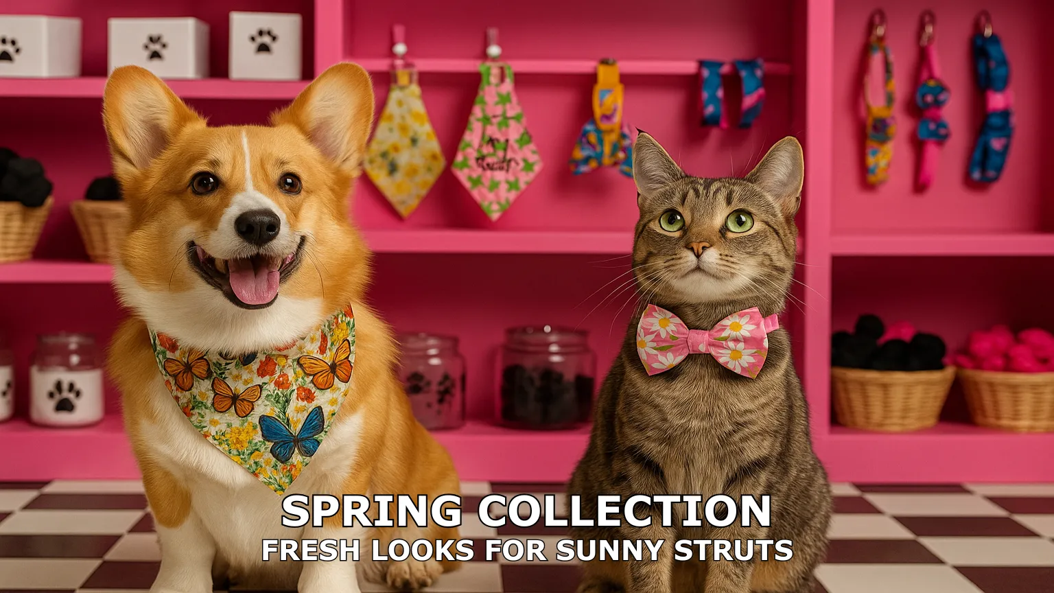 Corgi and cat modeling spring pet fashion accessories.
