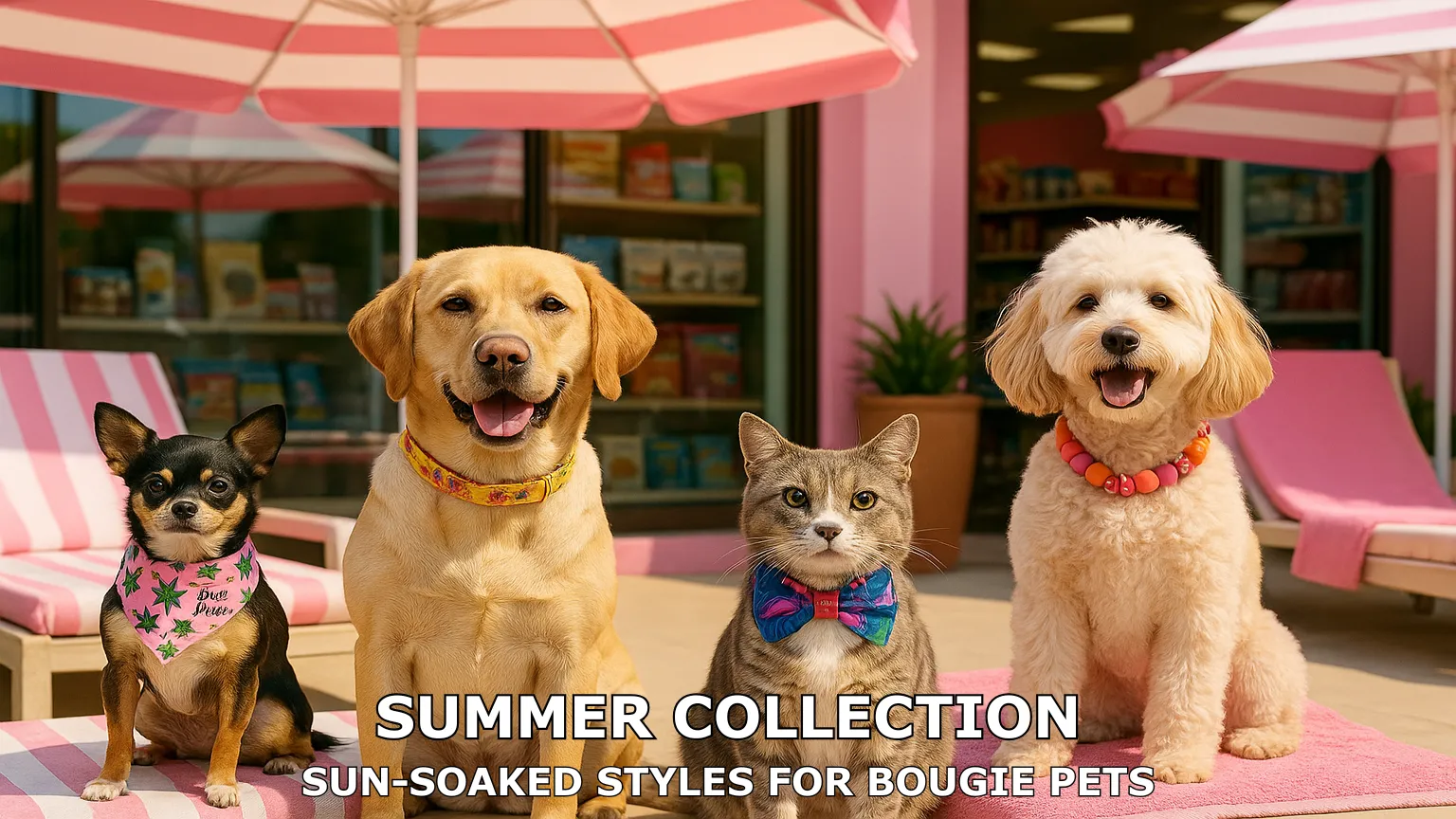 Pets in colorful summer accessories outdoors
