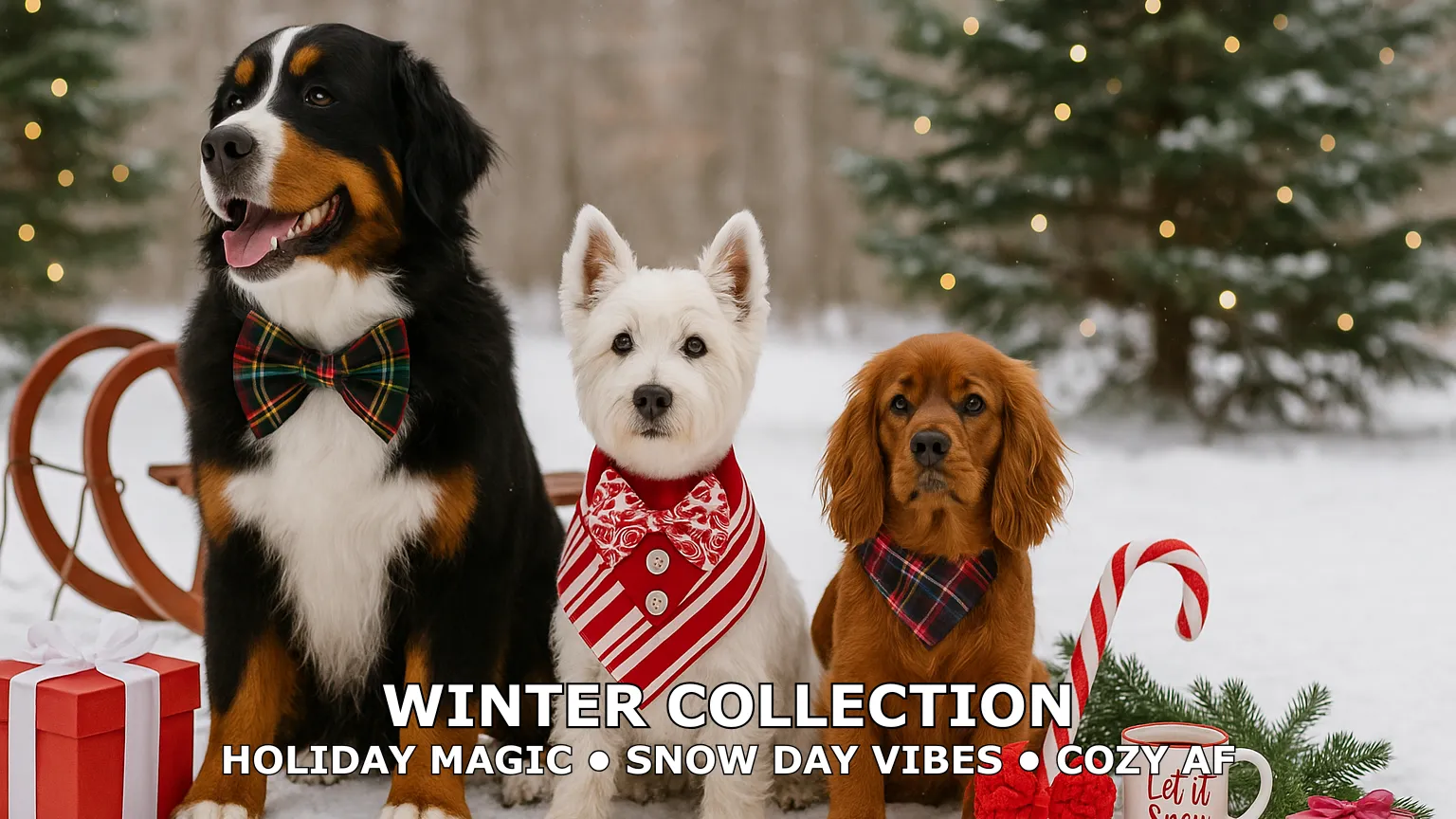 Dogs in festive attire with holiday gifts and decor.