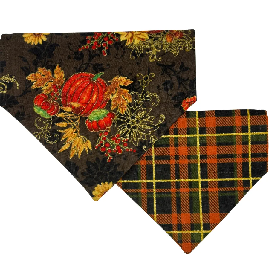 Autumn-themed bandanas with pumpkin and plaid designs.