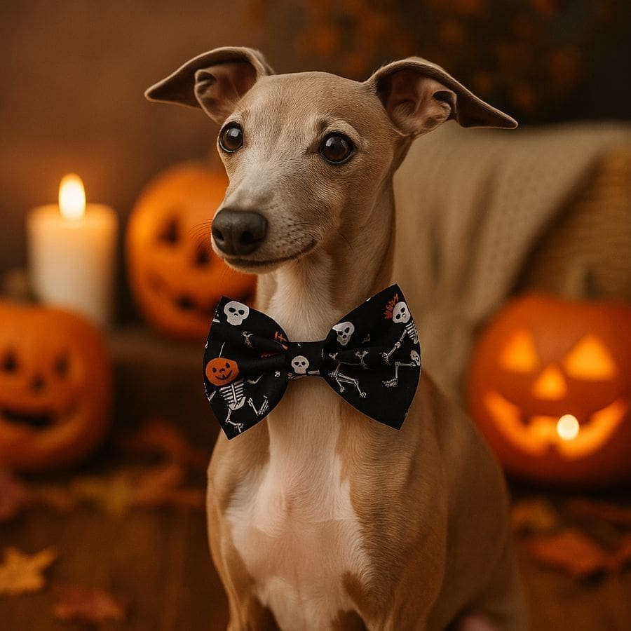 Dog in Halloween bow tie with pumpkins.