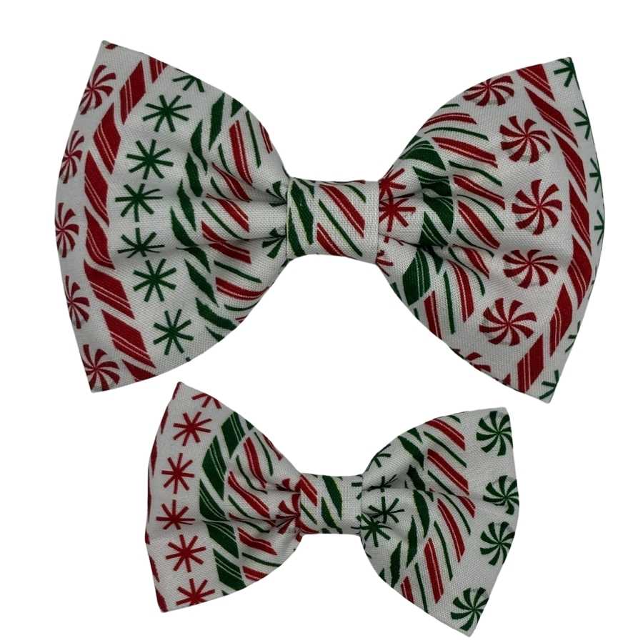 Christmas-themed bow ties with candy patterns.
