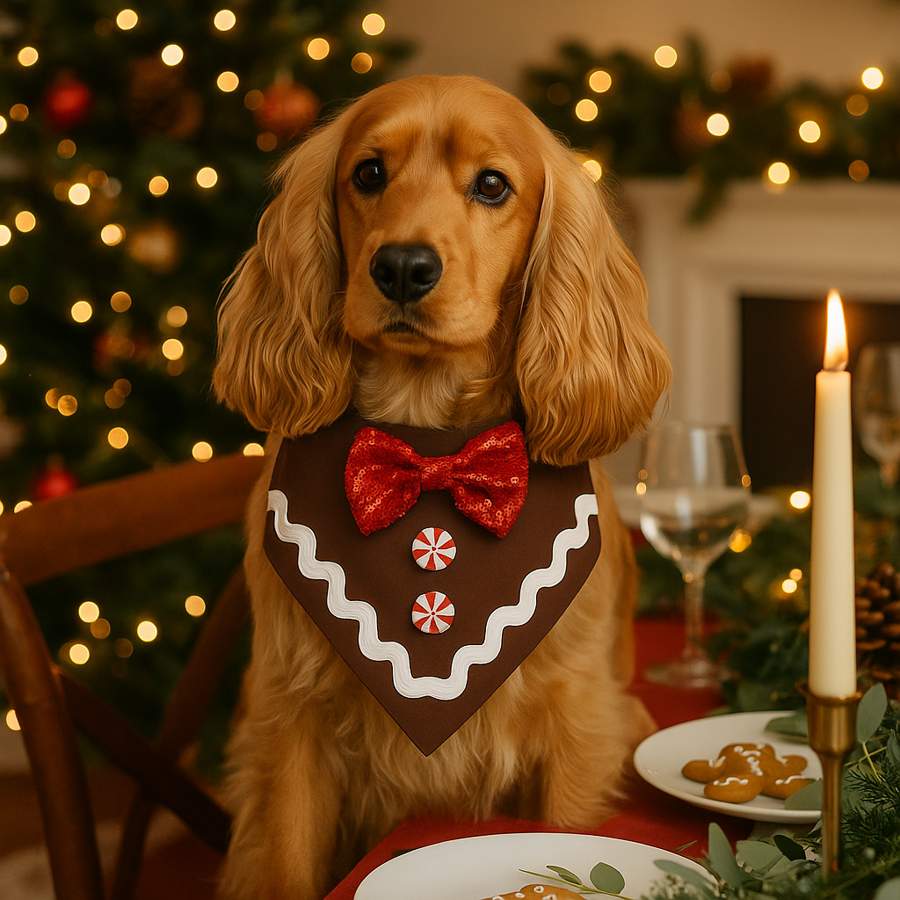 Dog in Christmas outfit by decorated tree