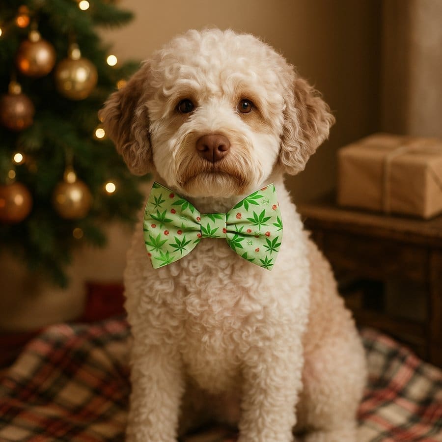 Dog with green bow tie, Christmas tree background.