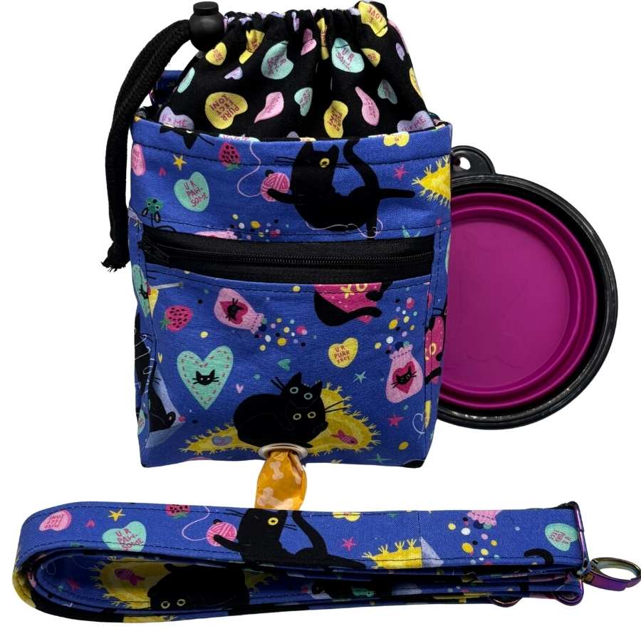Colorful fabric bag with cat pattern and leash.
