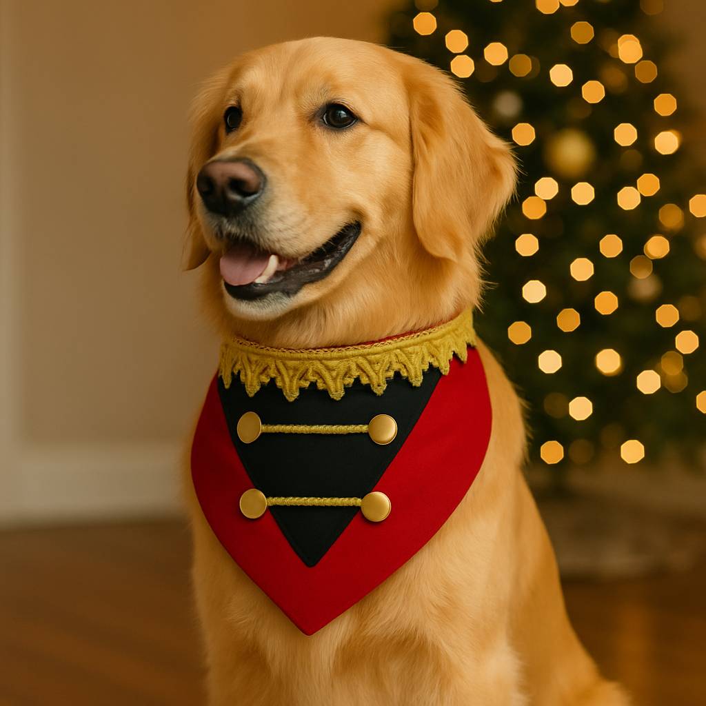 Golden retriever wearing festive costume near Christmas tree.
