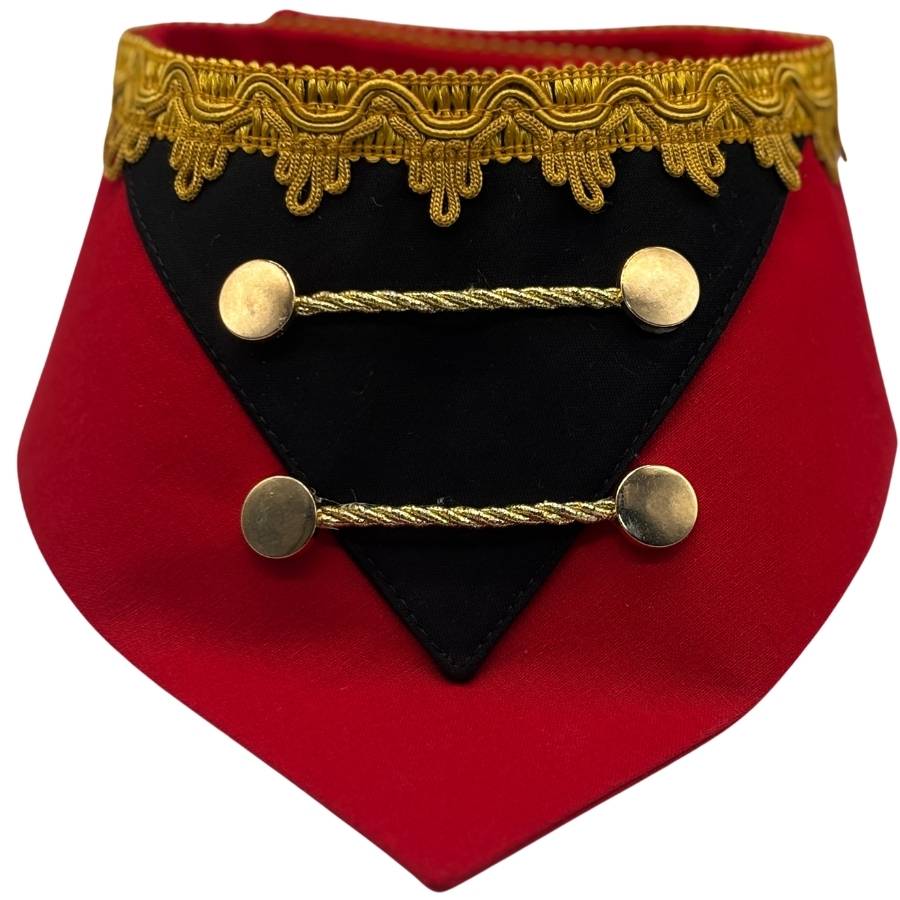 Red and black collar with gold trim and buttons.