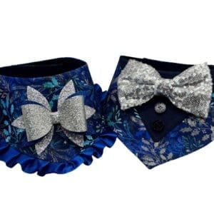 Two elegant blue dog bandanas with silver bows.