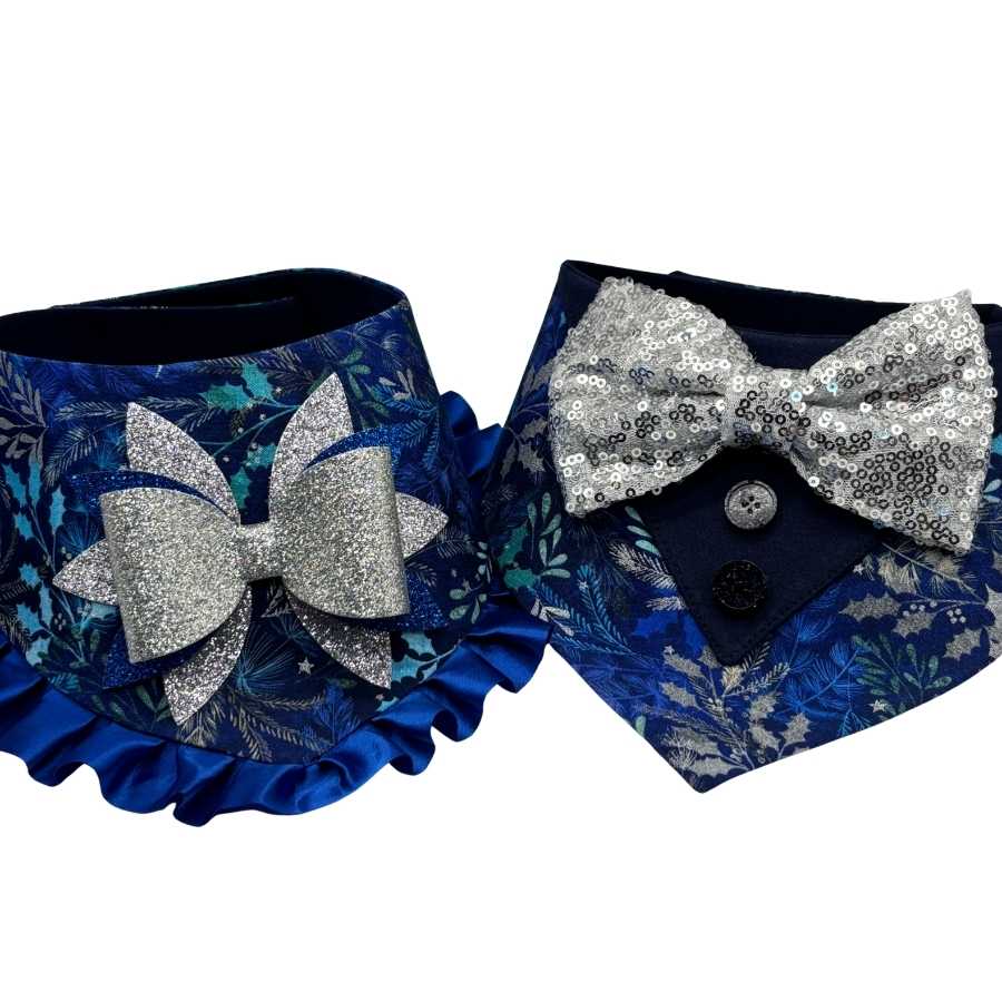 Two elegant blue dog bandanas with silver bows.