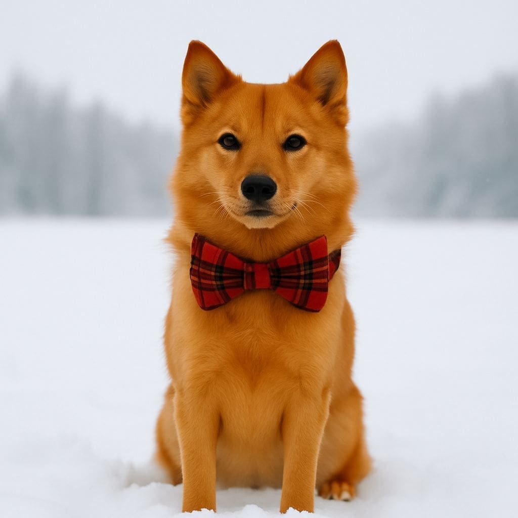 Dog wearing red bowtie in snow