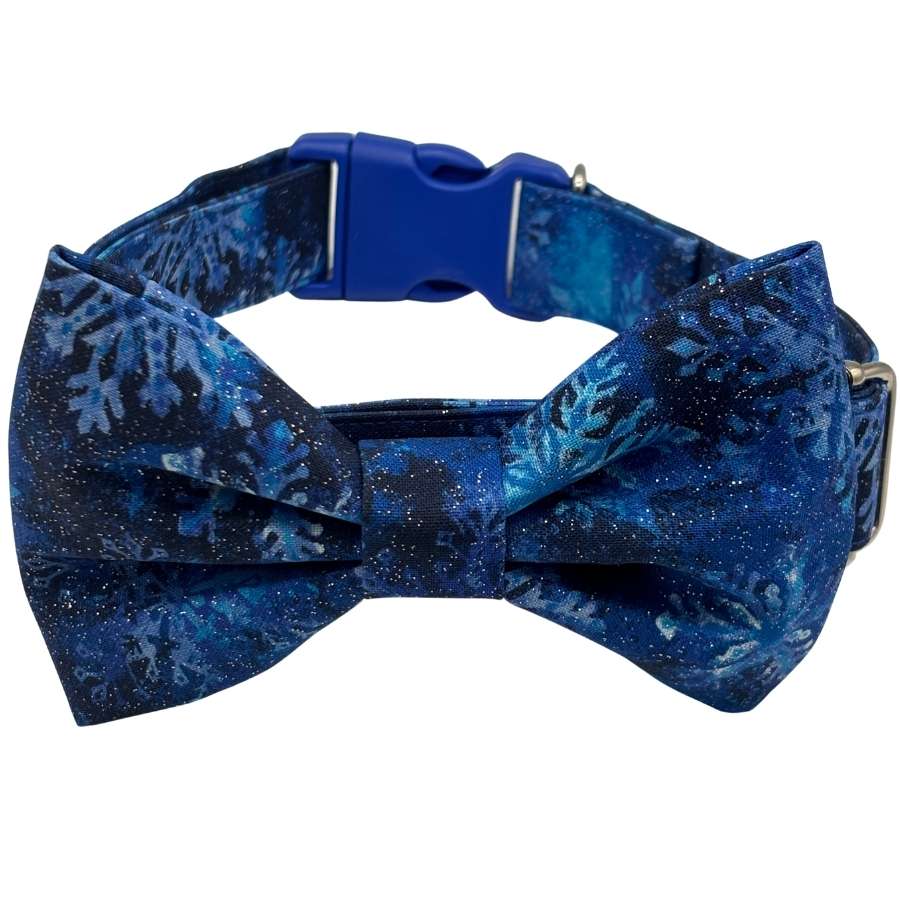Blue snowflake bow tie dog collar.