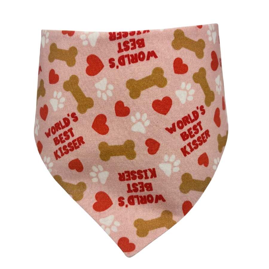 Dog bandana with hearts, bones, and paw prints.