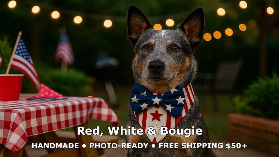 Dog in patriotic bow tie and vest.